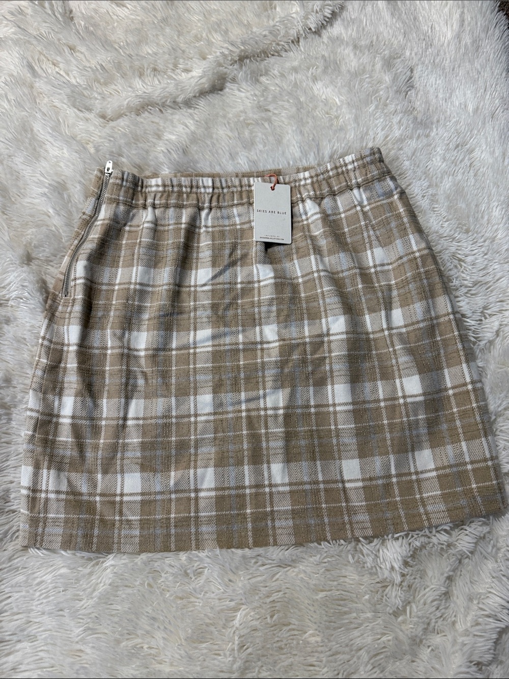 Skies Are Blue Beige and White Plaid Mini Skirt